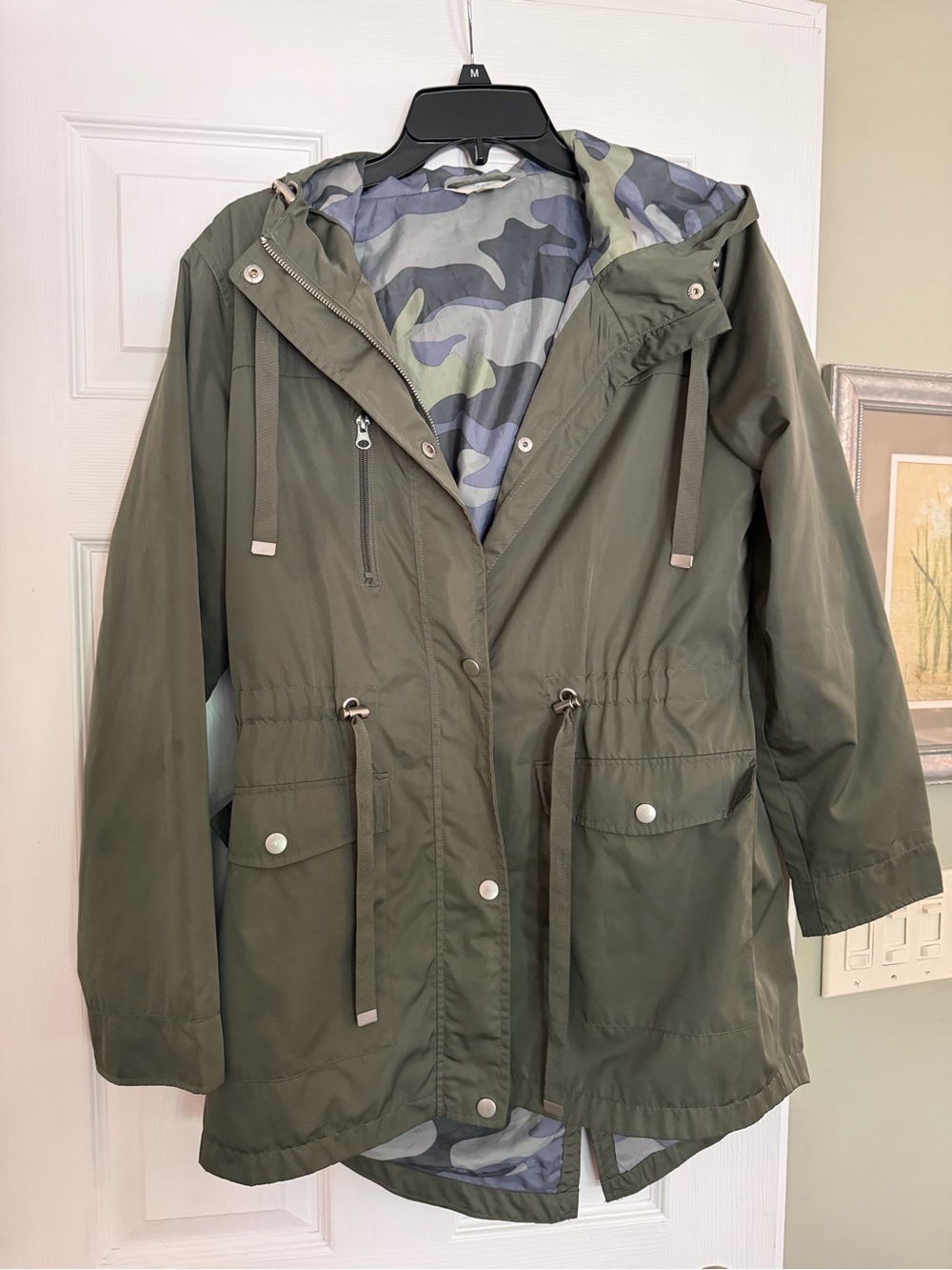 Time and Tru Olive Green Hooded Utility Jacket with Camo Lining